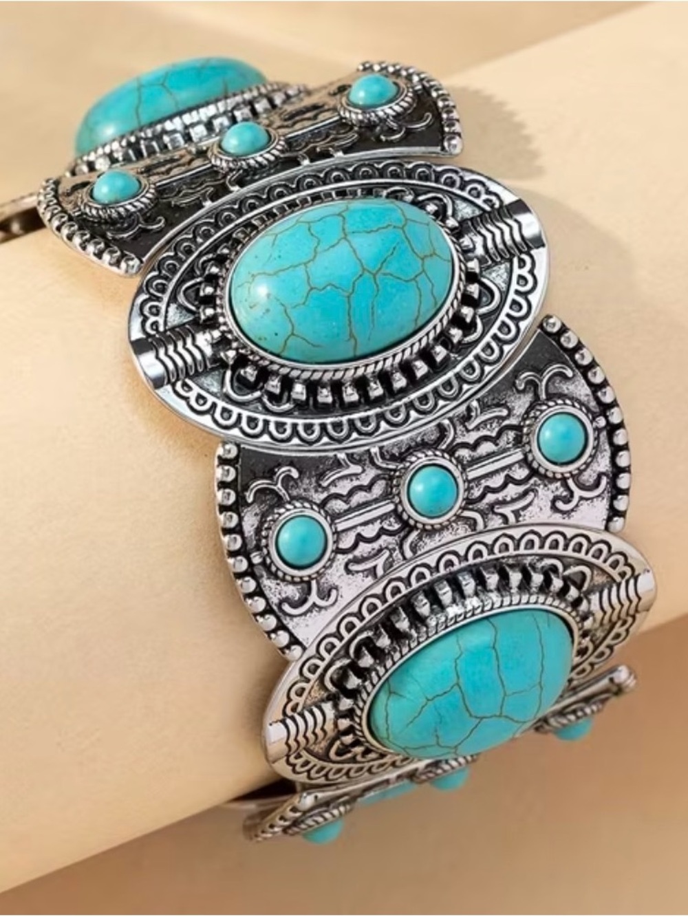 Turquoise Stone Silver-Tone Panel Bracelet - Women's Jewelry